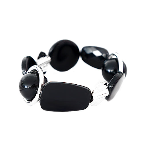 Black Multi Bead with Silver Metal Stretch Bracelet