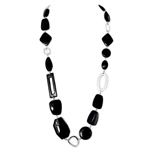 Black Multi Cut Bead with Silver Metal Long Necklace