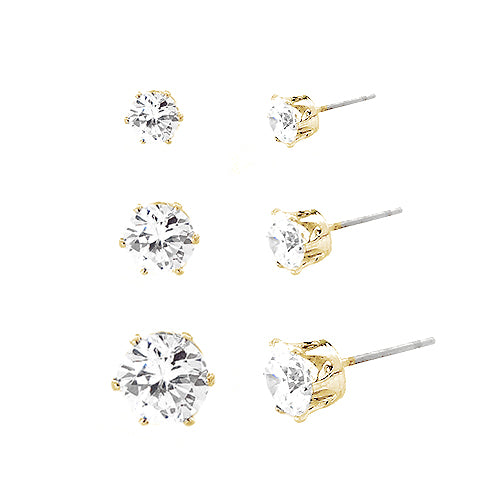 Simple Round Cut Clear Glass Crystal  Gold Earrings Set of 3pcs