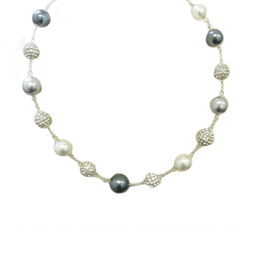 Blue white pearl shambala necklace