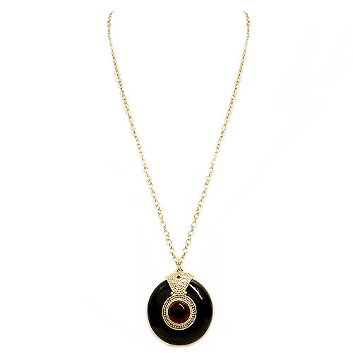 Black Round Pendant with Red Bead with Gold Chain Long Necklace