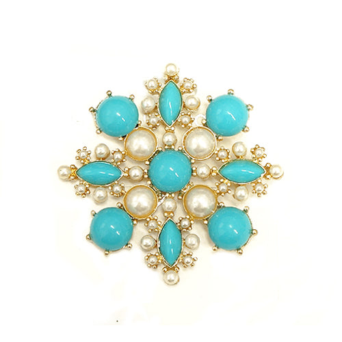 Turquoise and Pearl Bead Blossom Flower Gold Pin