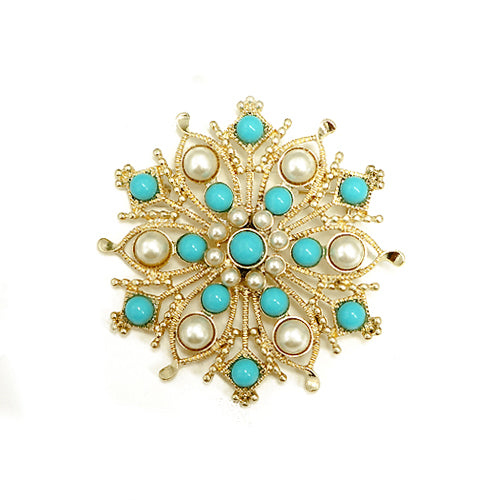 Fabulous Design Turquoise and Pearl Bead Flower Gold Pin