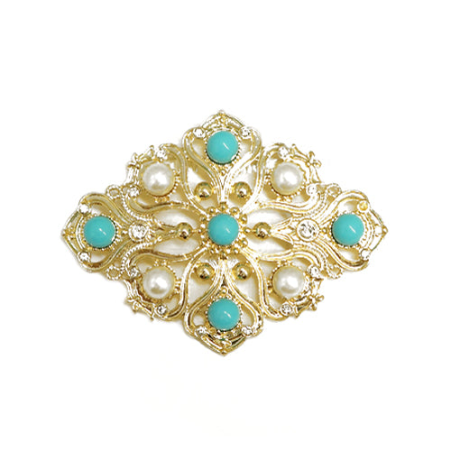 Diamond Design Turquoise and Pearl Bead with Rhinestone Flower Gold Pin