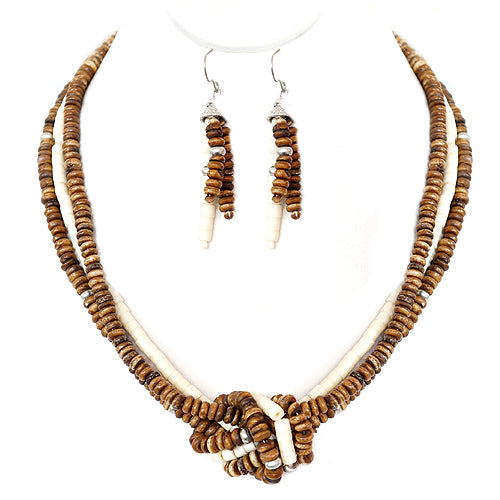 Brown and Natural Beaded Twist Necklace and Earrings Set