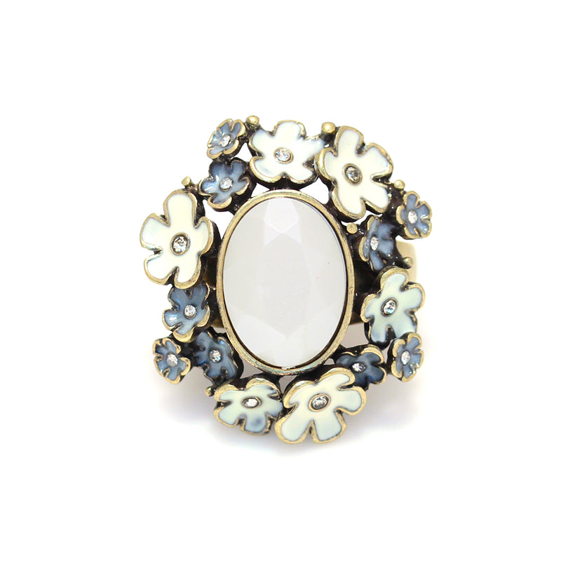Gold-Tone White Crystal And Enamel Flower Stretch Ring