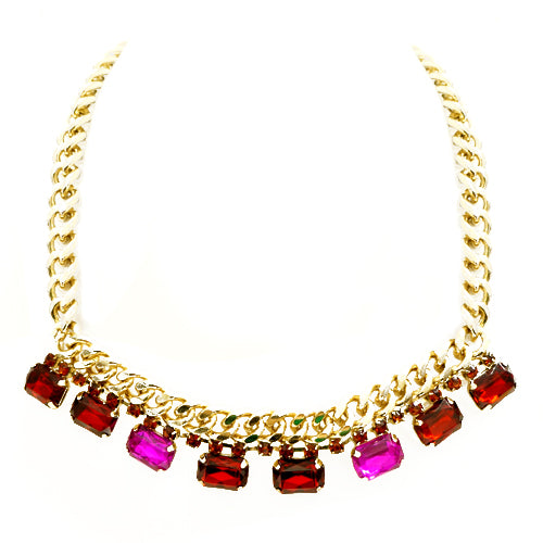 Fabulous Design Red and Pink Mixed Glass Crystal Gold Chain Necklace