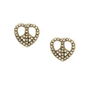 Clear Rhinestone Heart with Peace Sign Gold Stud Earrings