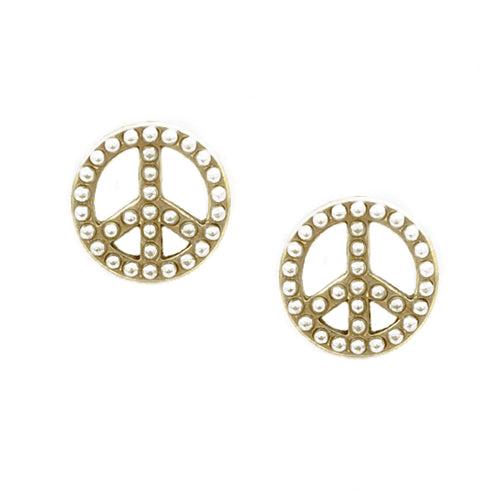 Glass Pearl Round Shape with Peace Sign Gold Stud Earrings