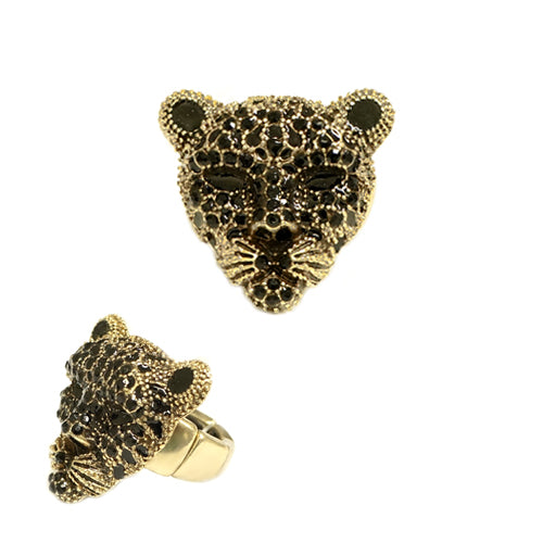 Tiger Face with Jet Rhinestone Gold Stretch Ring