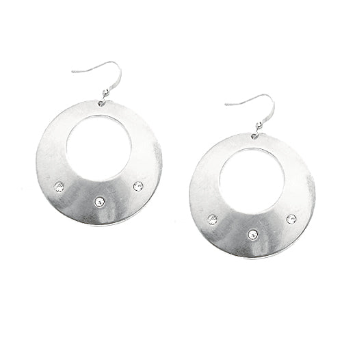 Open Round with Rhinestone Matt Silver Earrings