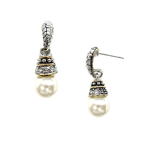 Glass Pearl Teardrop Two-Tone Cable Earrings