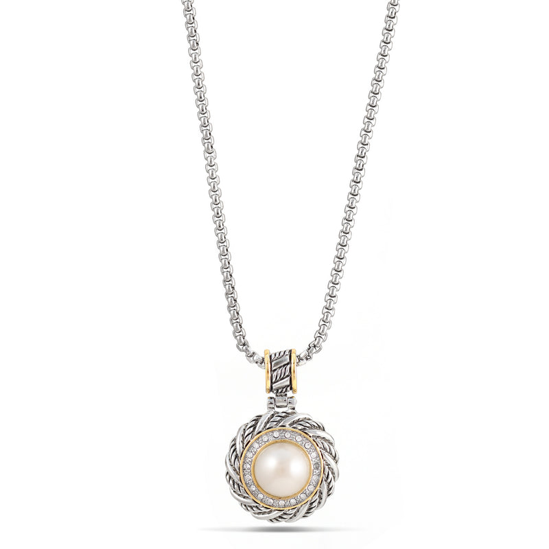 Pearl Accent with Clear Rhinestone Two-Tone Cable Necklace