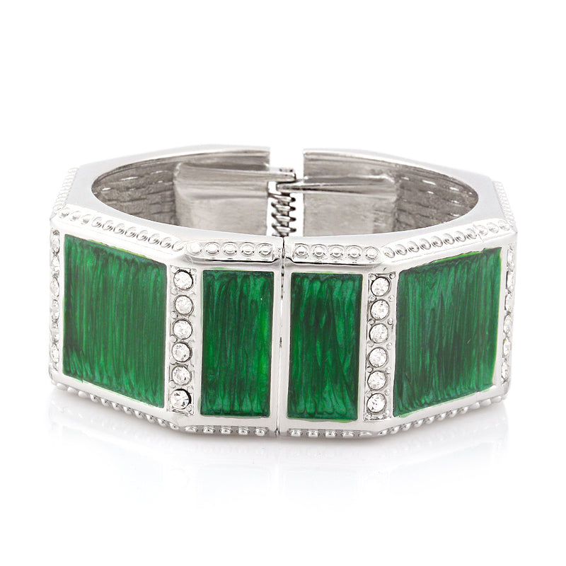 Rhodium-Tone Metal Green Crystal Epoxy Hinged Bracelets