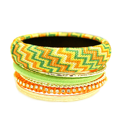 Green and Orange Mixed Chevron Cotton with Gold Bangles Set of 7pcs 