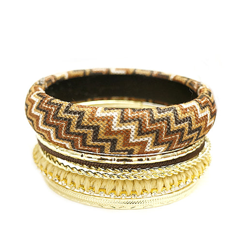Brown Mixed Chevron Cotton with Gold Bangles Set of 7pcs 