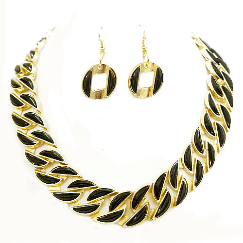 Chevron Style Black Enamel Gold Necklace and Earrings Set