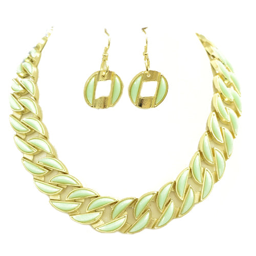 Chevron Style Mint Enamel Gold Necklace and Earrings Set