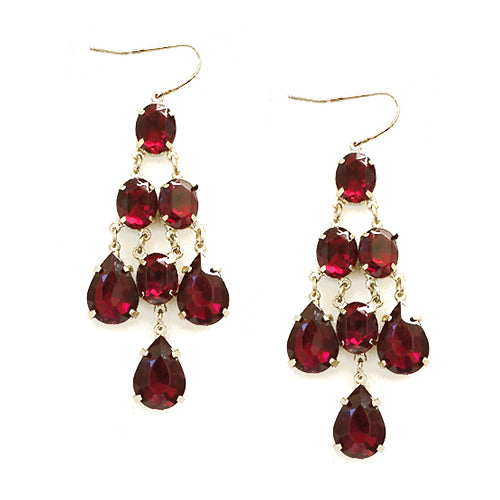 Red Teardrop Glass Bead Gold Chandelier Earrings