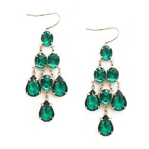 Green Teardrop Glass Bead Gold Chandelier Earrings