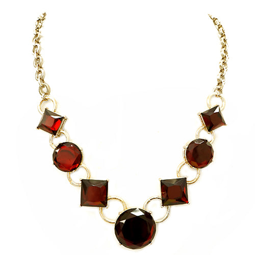 Round and Square Mixed Red Glass Crystal Gold Necklace