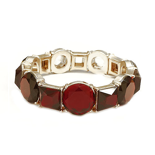 Round and Square Mixed Red Glass Crystal Gold Stretch Bracelet