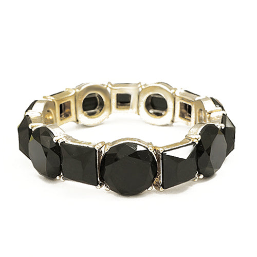 Round and Square Mixed Jet Glass Crystal Gold Stretch Bracelet