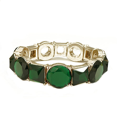 Round and Square Mixed Green Glass Crystal Gold Stretch Bracelet