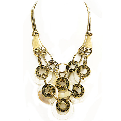 Mother of Pearl with Gold Coin Metal Bib Necklace 