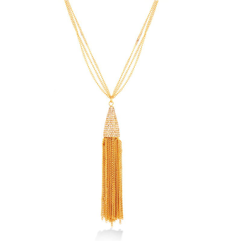 Gold chained necklace with rhinestones on cone pendant