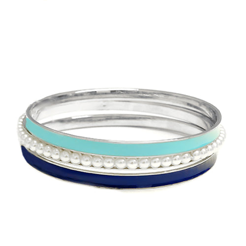Turquoise and Blue with Pearl Bead Silver Bangles Set of 3pcs