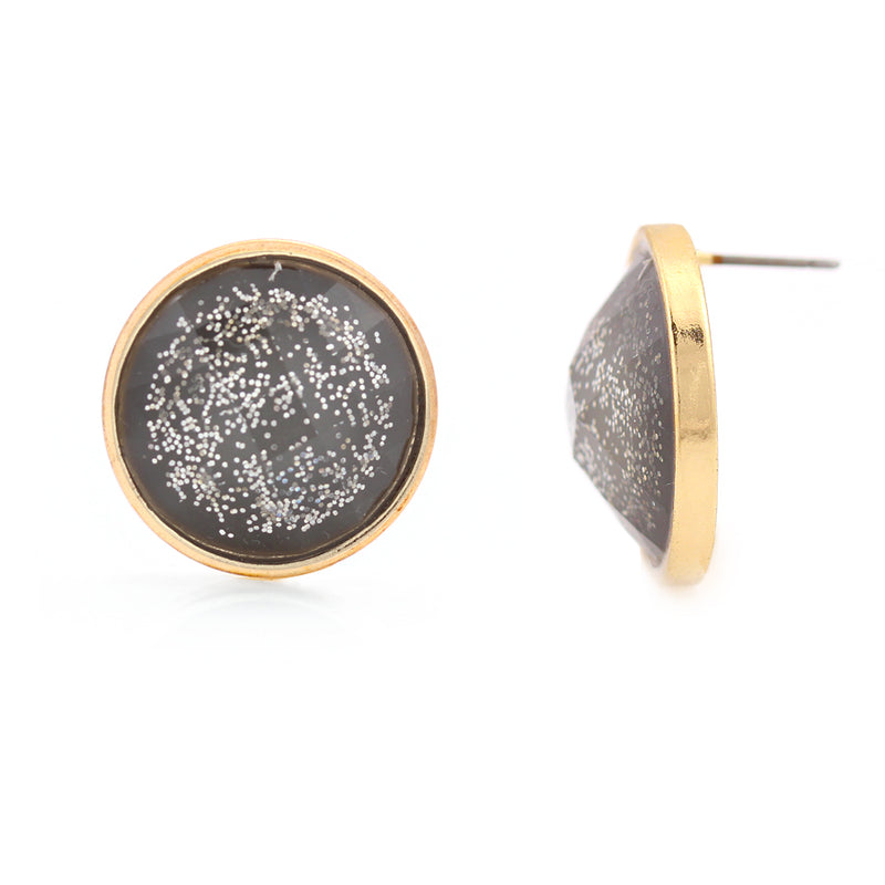 Gold-Tone Grey Glittering Acrylic Round Faceted Earrings