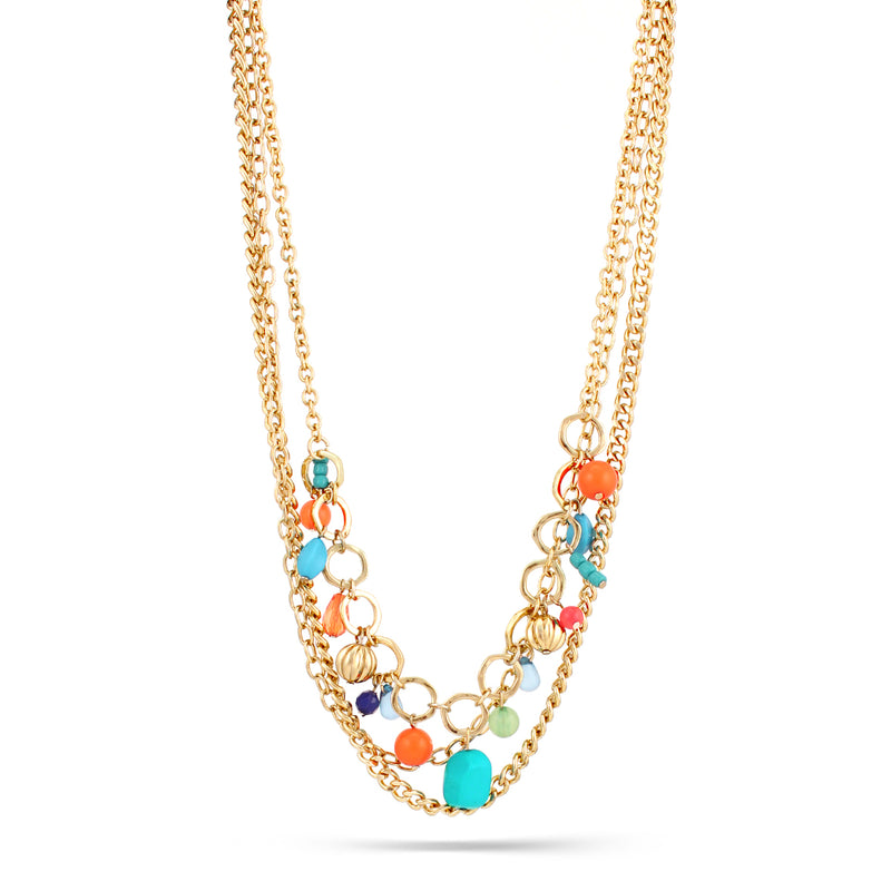 Gold-Tone Metal Multi Color Bead 3 Layered Necklace