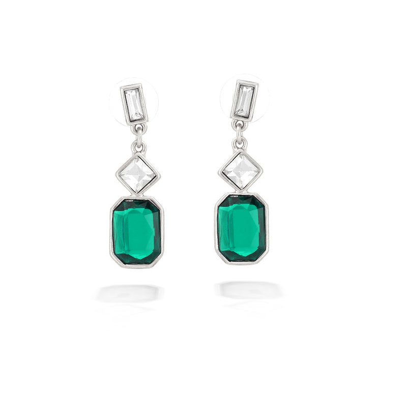 Silver-Tone Green And White Crystal Earrings
