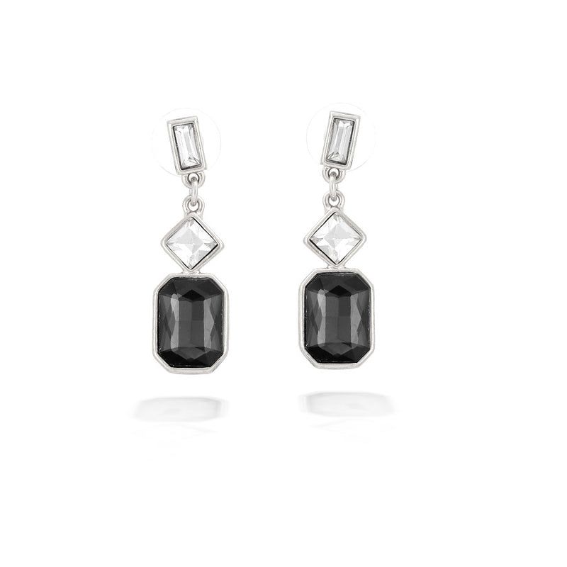Silver-Tone Metal White Crystal And Black Earrings