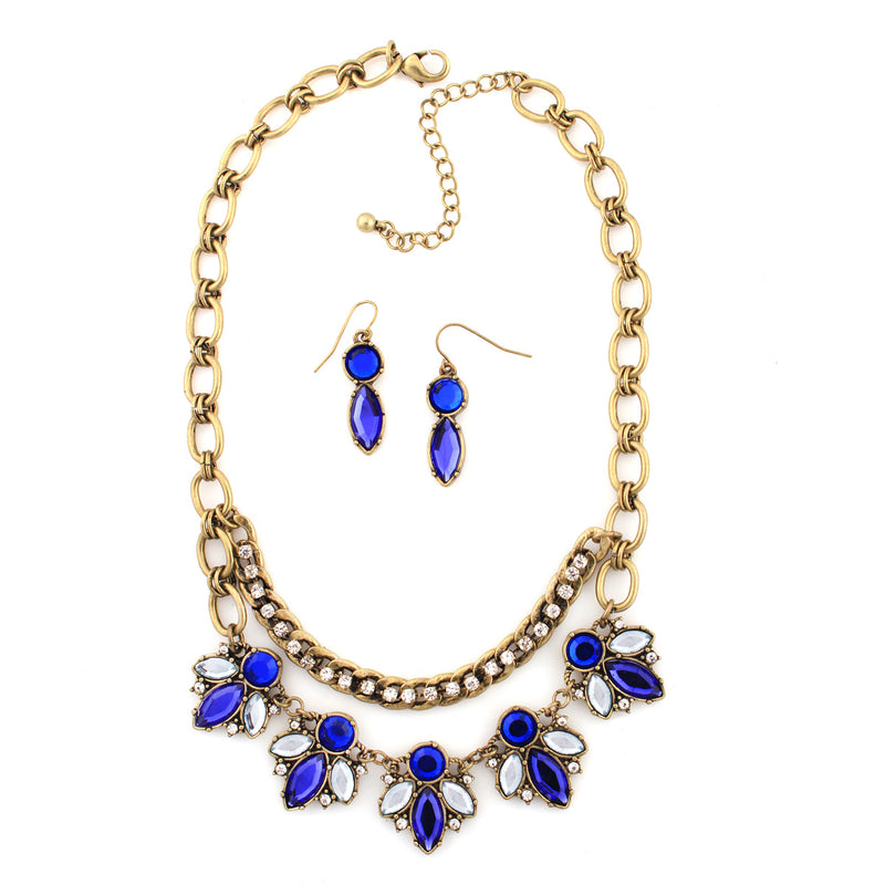 Gold-Tone Metal Aqua Blue Crystal Necklace And Earring Set