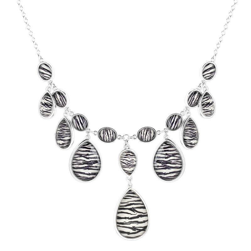 Silver-Tone Zebra Print Acrylic Tear Drop Necklace