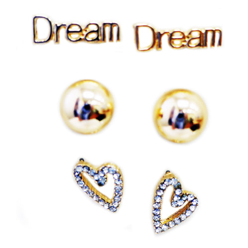 Gold 3-set earrings "Dream", gold ball and crystal hearts