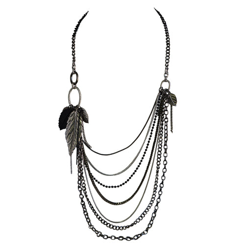 Grey and black chain necklace with grey metal leaves