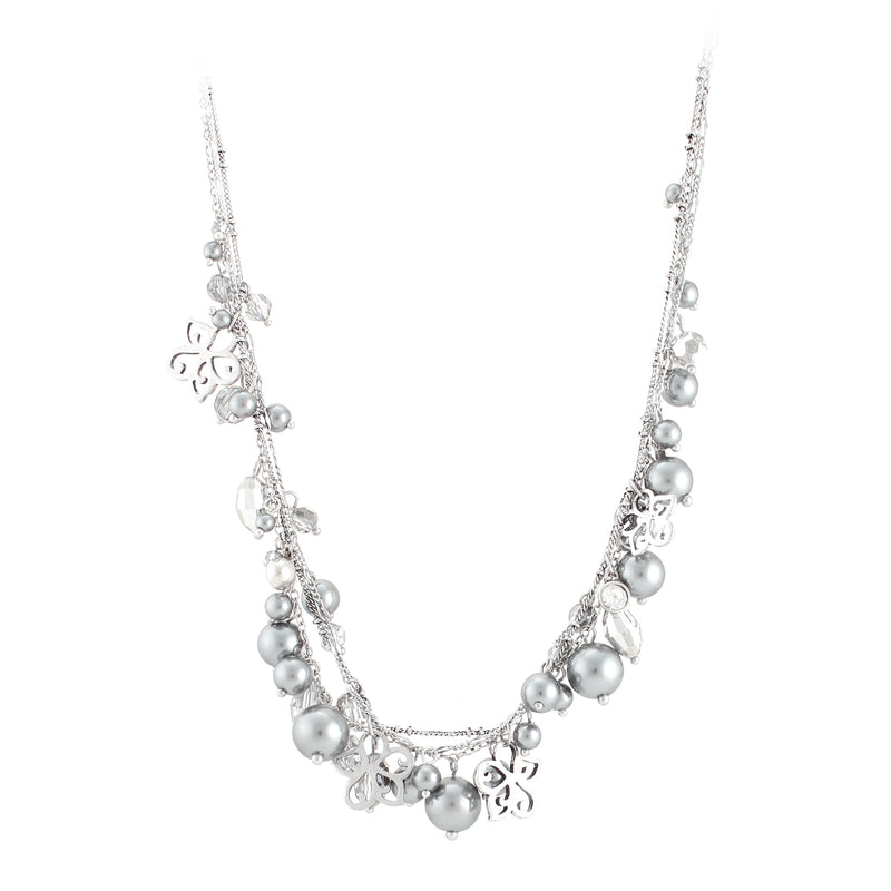 Silver-Tone Crystal And Gray Pearl Necklace