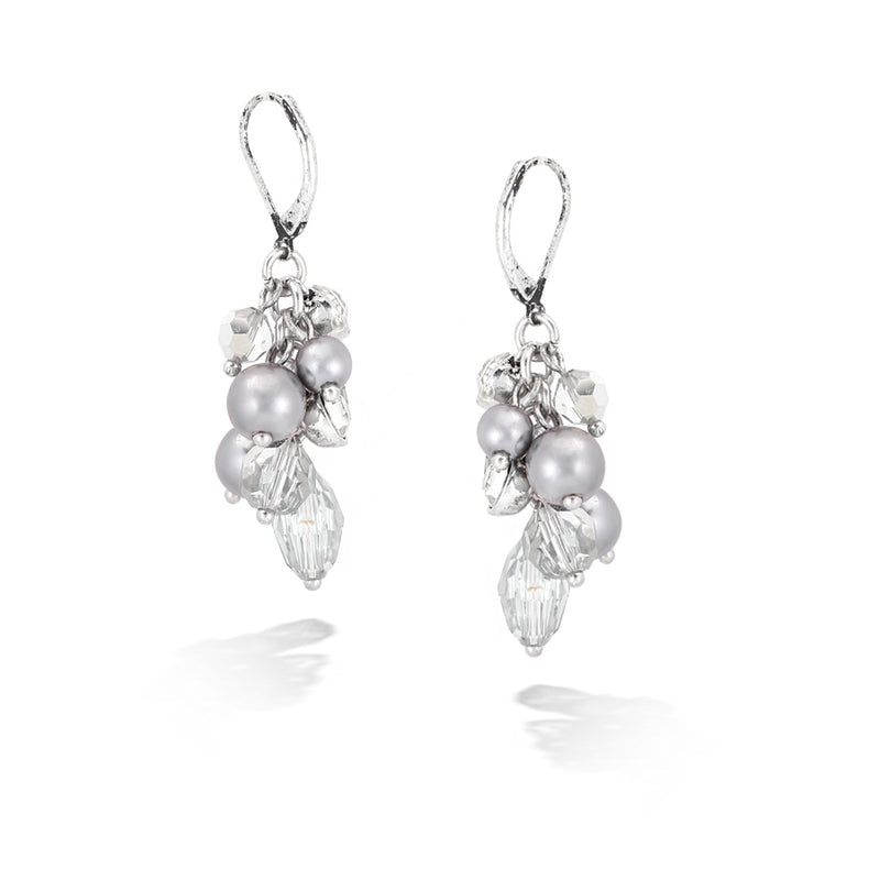 Silver-Tone Metal Crystal With Gray Pearl Earrings