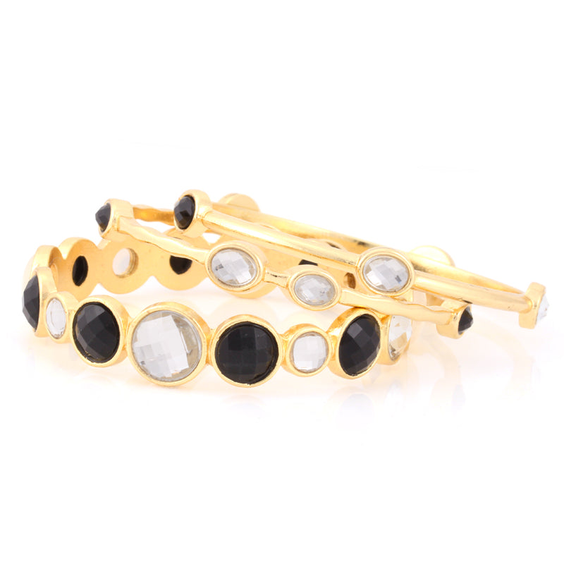 Gold-Tone Metal Black And White Crystal Set Of 3 Bangles
