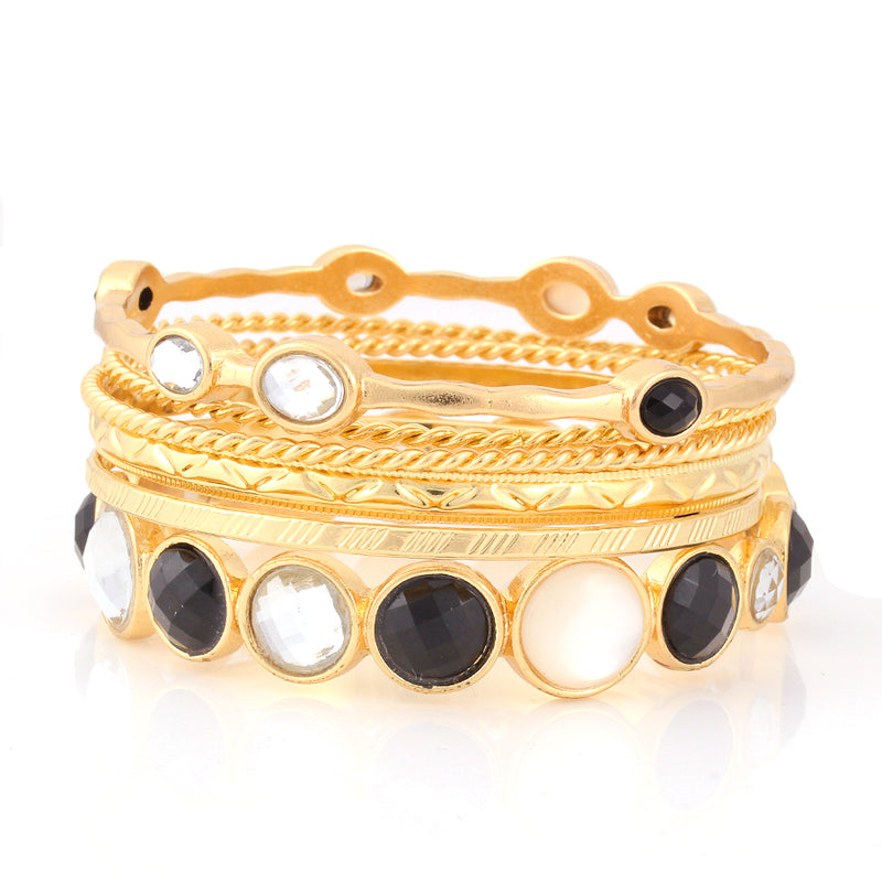 Gold-Tone Metal Black And White Crystal Set Of 6 Bangles