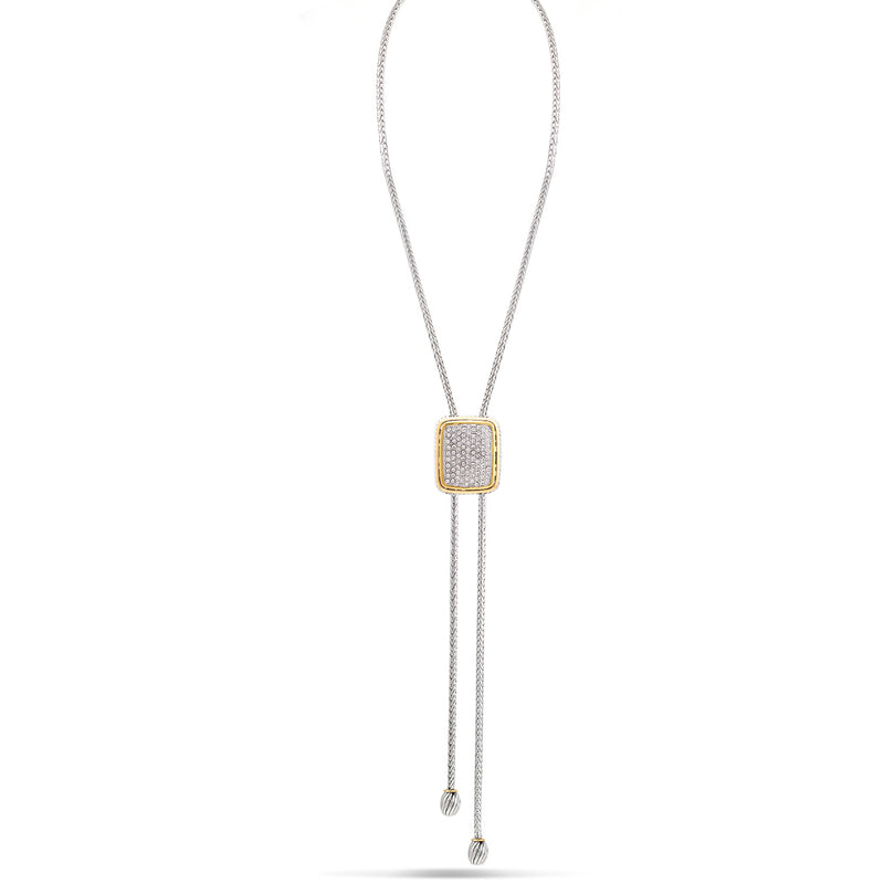 Two Tone Rectangle Crystal Pave Pendant Tassel Necklace