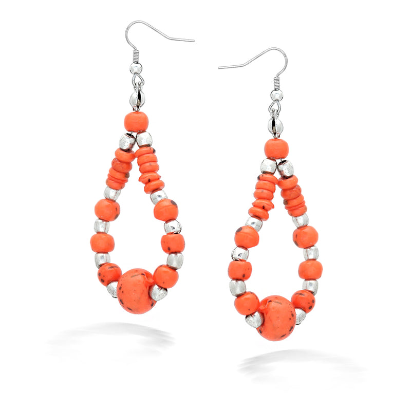 Silver-Tone Coral Beads Tear Drop Earrings
