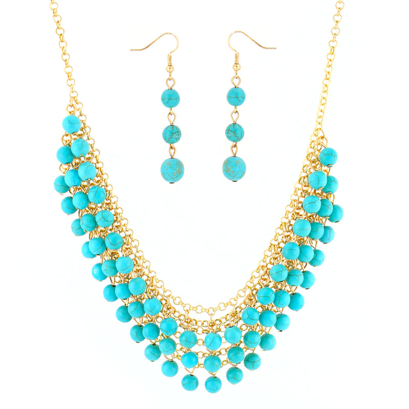 Gold-Tone Turquoise Beads Necklace And Earrings Set