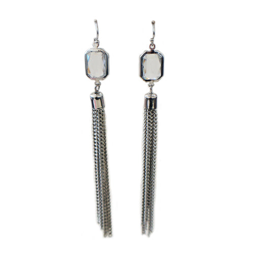 Silver crystal earrings with silver tassle