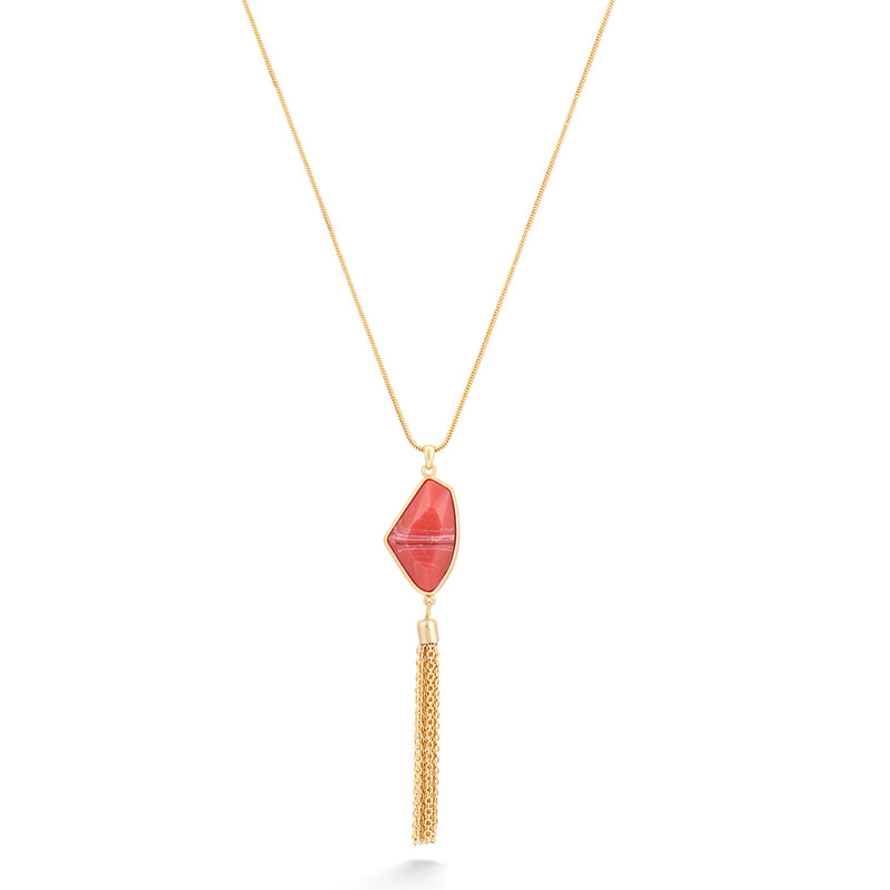 Gold-Tone Metal Coral Color Stone Tassel Necklace