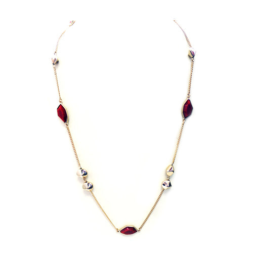 Long gold chain necklace with red pentagon shapes