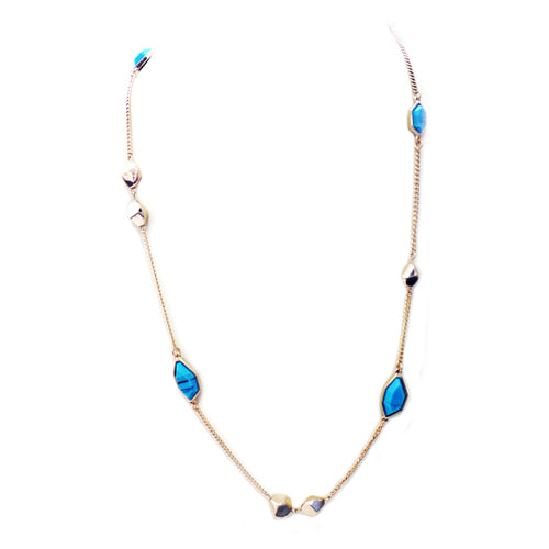 Long gold chain necklace with turquoise pentagon shapes